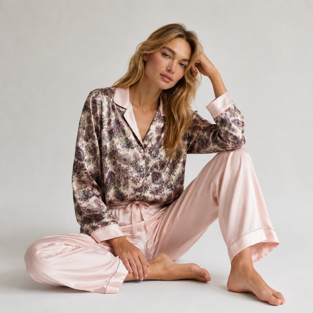 Cacique Vintage‎ Pajama Set Womens Small Pink Satin Floral Paisley Pearl Button